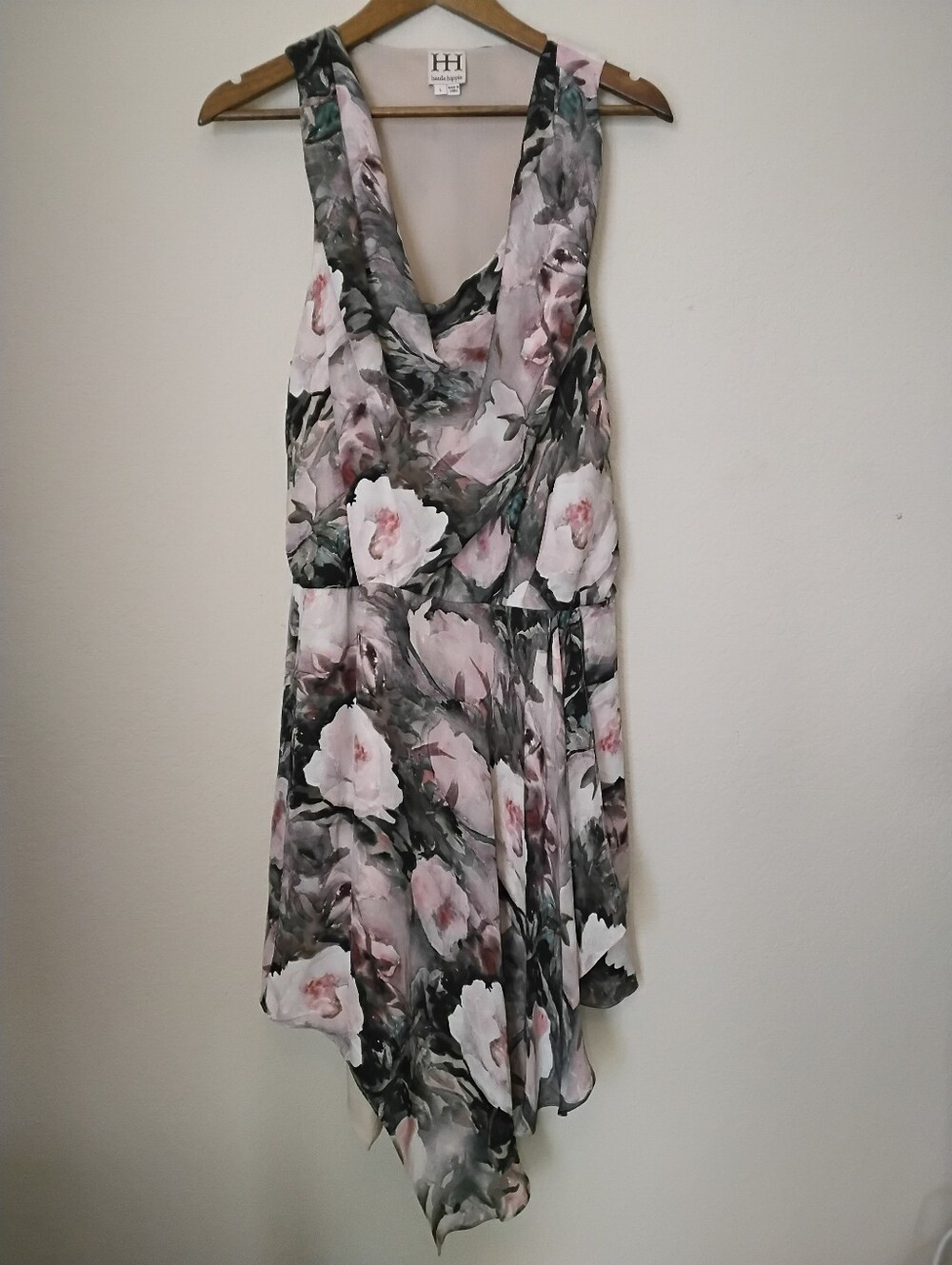 Haute Hippie Silk Lined Dress Sz Large Pink Green Floral Draped Asymmetrical Hem